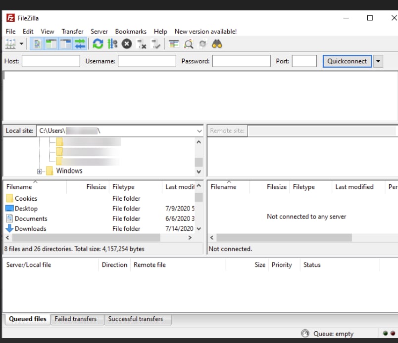 FileZilla FTP program screenshot